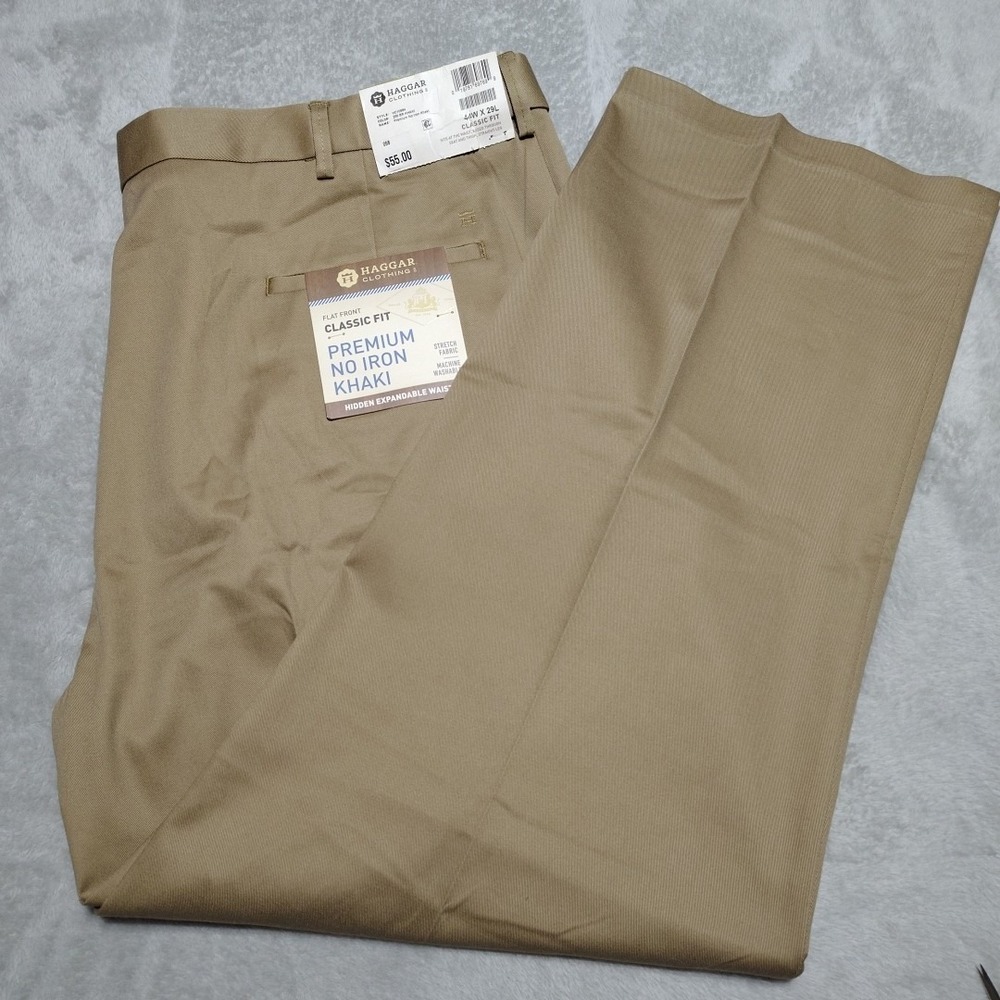 Haggar Dress Pants Men 44/29 Brown Khaki Flat Flex Waist  Business No Iron NWT